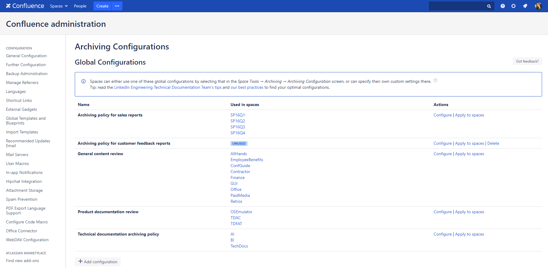 User interface to manage global content lifecycle configurations in Confluence