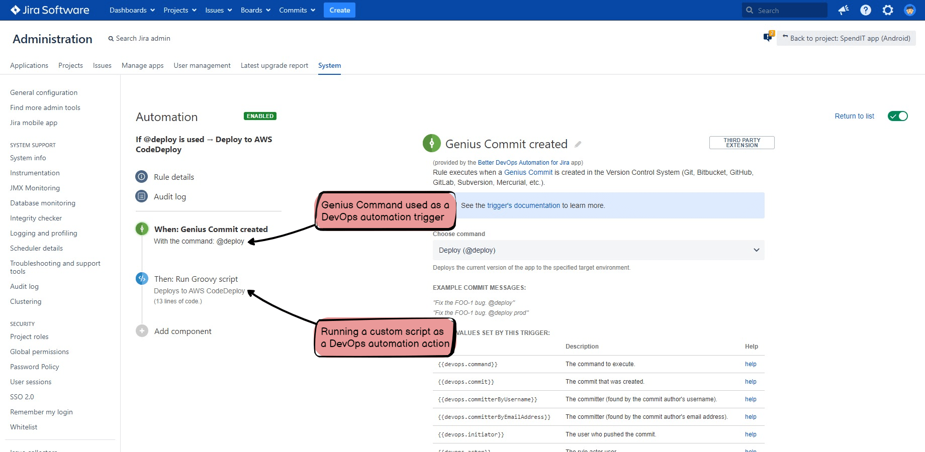 A DevOps Automation for Jira rule using a Genius Command for continuous deployment