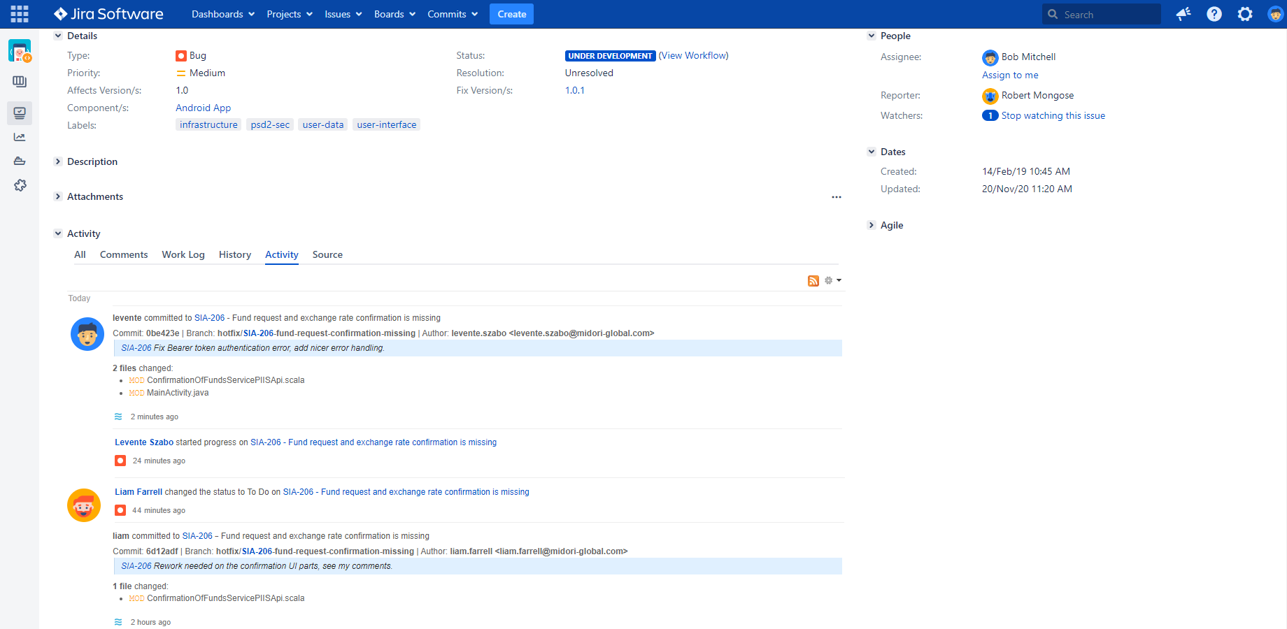 Code commit information posted in the activity stream tab of a Jira issue