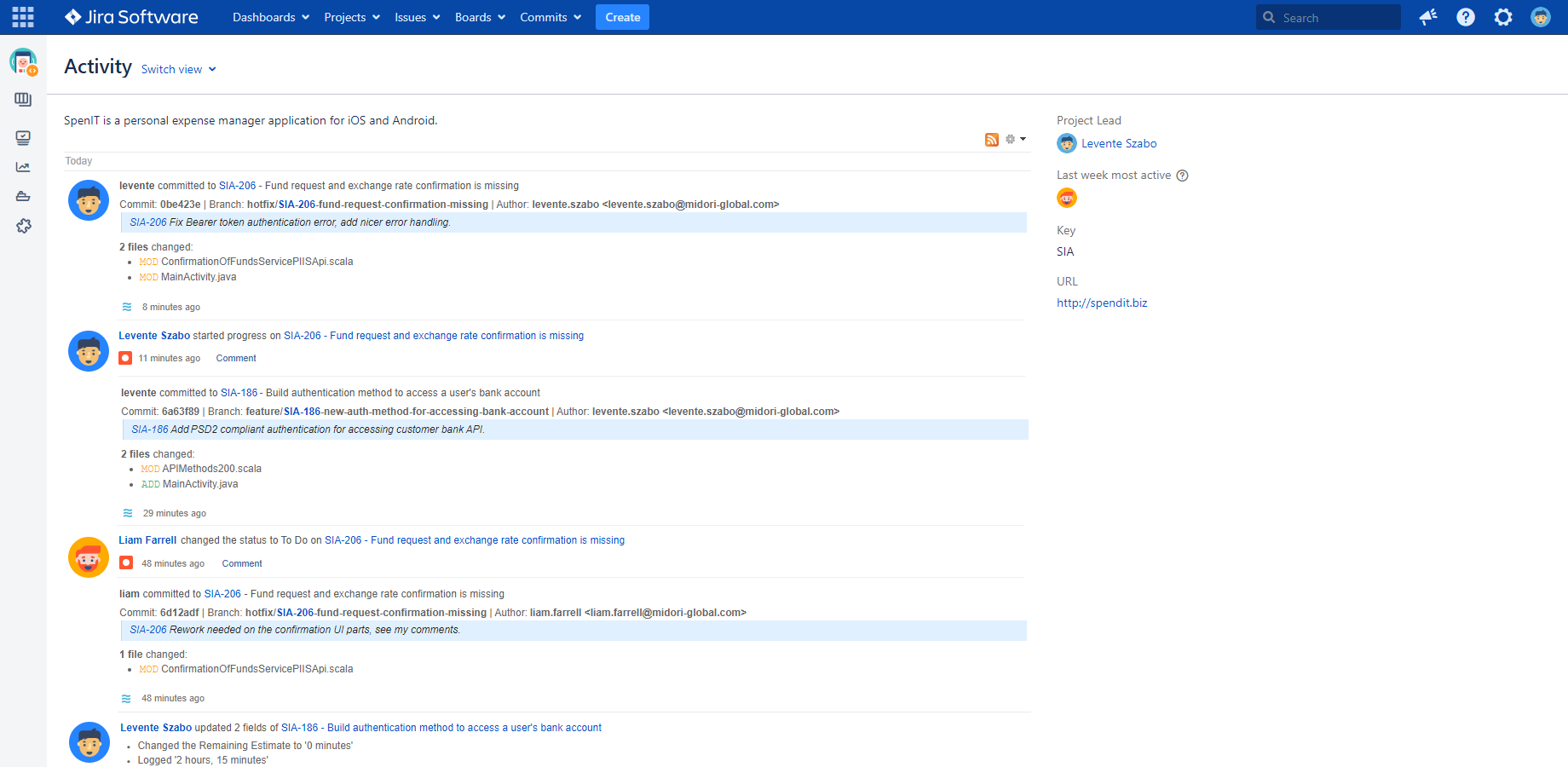 Code commit information posted in the Jira project activity stream