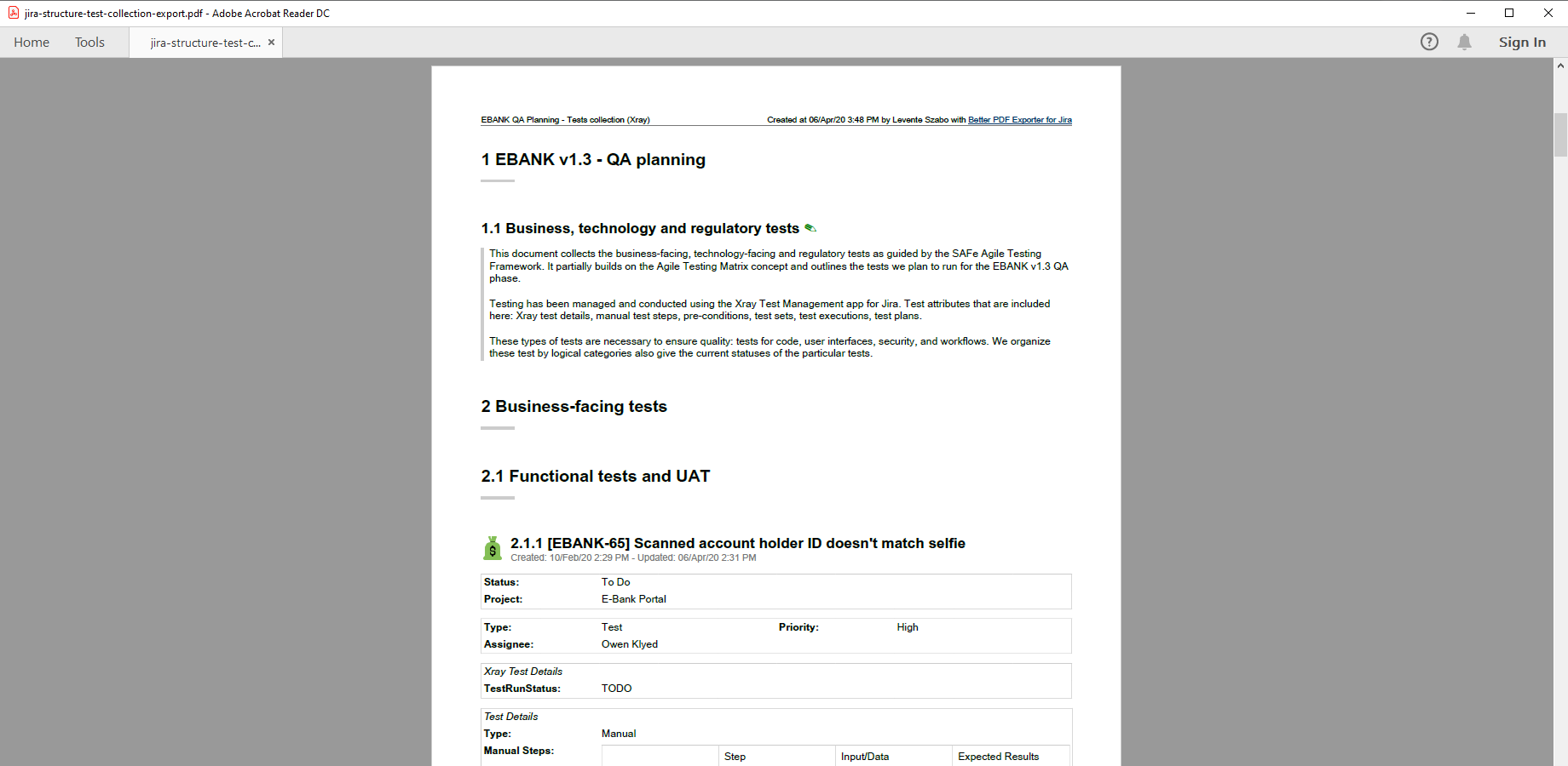 SAFe test collection PDF export